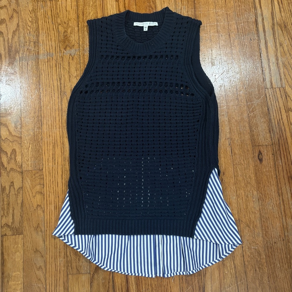 Veronica Beard Blue Asymmetrical Pleated Tank Top